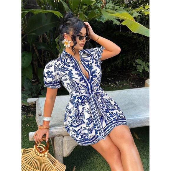 NEW - Vacation Casual Bohemian Tropical Print A-Line Mini Dress - Picture 5 of 7